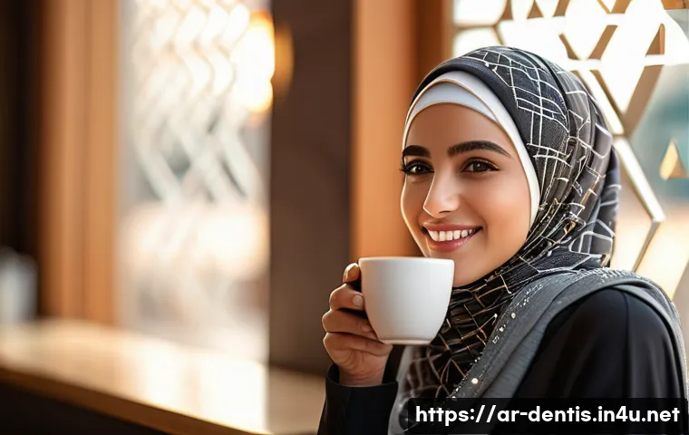 치과 임플란트 수술 실제 사례 - **Prompt:** "A young Arab woman with a warm smile, wearing a hijab adorned with subtle geometric pat...