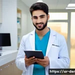 치과 교정 전문의 자격 취득 과정 - **Prompt:** A determined young Arab dental graduate, either male or female, dressed in a crisp white...