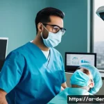 치과의사 해외 취업 성공기 - **Prompt:** A highly skilled Arab male dentist, dressed in modern blue scrubs and a pristine white l...