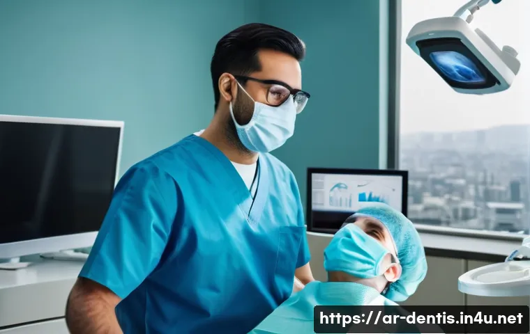 치과의사 해외 취업 성공기 - **Prompt:** A highly skilled Arab male dentist, dressed in modern blue scrubs and a pristine white l...