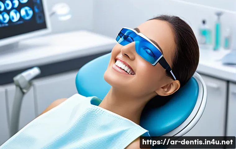 치과 미백 치료 최신 기술 - A modern dental clinic scene focused on a Middle Eastern adult patient undergoing laser teeth whiten...