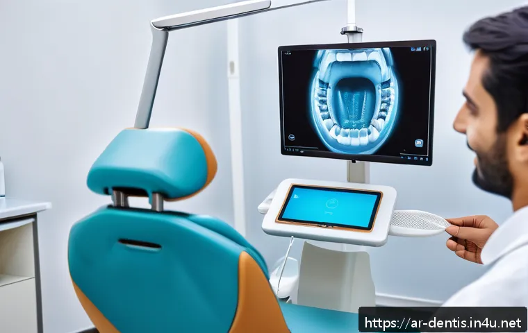 치과 보철물 제작 과정 이해 - A modern dental clinic scene showing a dentist using advanced 3D digital scanning technology on a Mi...