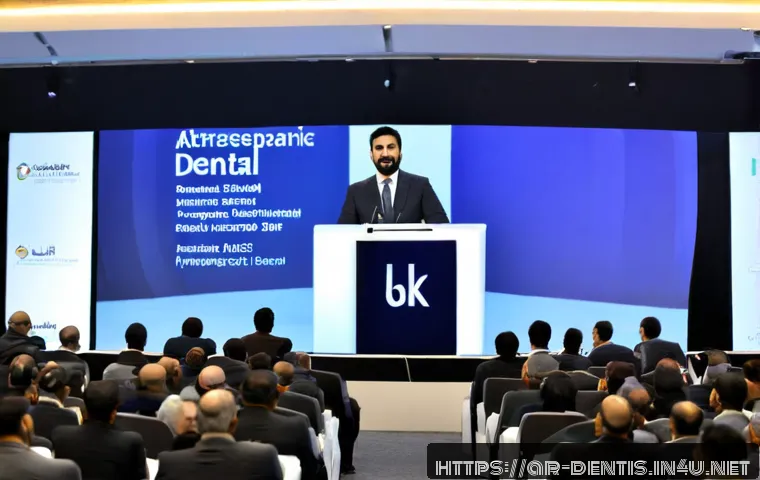 치과의사 해외 학회 발표 사례 - Photorealistic international dental conference in a modern Gulf convention center, confident Arab de...